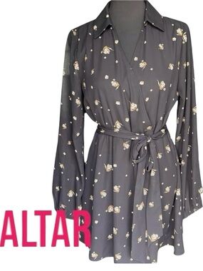 Altar Black Tan Floral Long Sleeve V-Neck Collar Waist Tie Belt Mini Dress (L)
